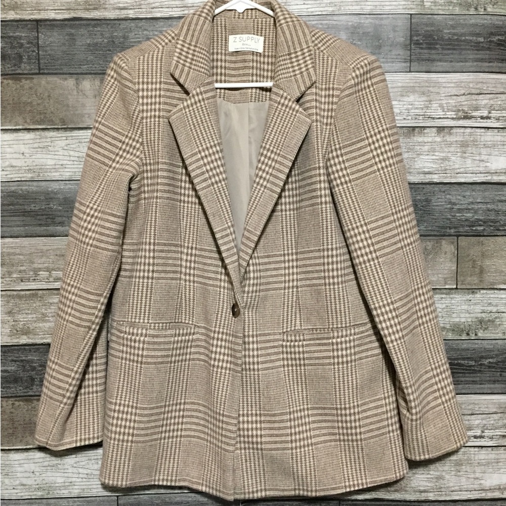 Z Supply Plaid One Button Blazer Jacket Women’s S Tan Brown Polyester - Picture 4 of 9